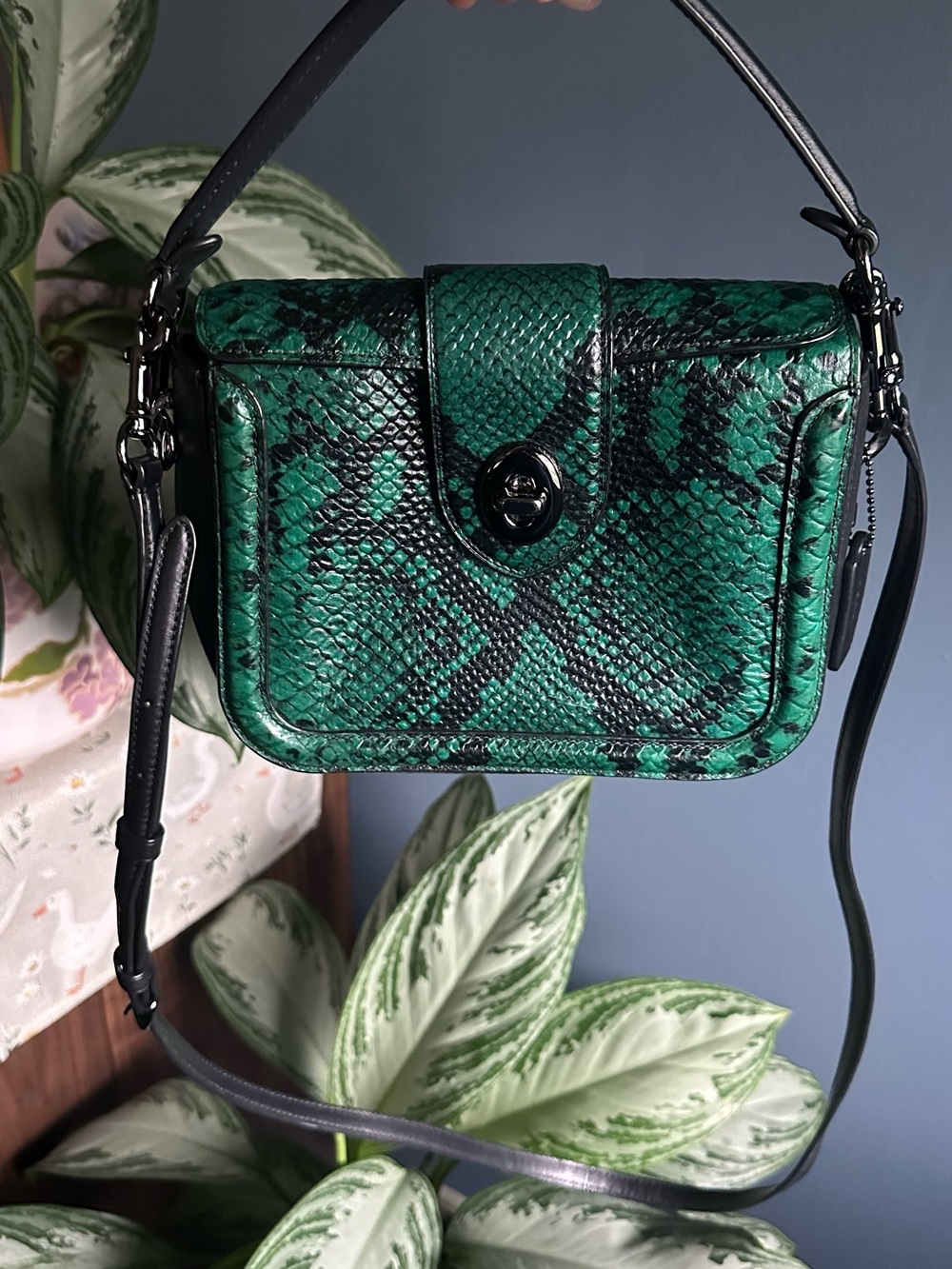 Coach Green Snake-Print Leather Crossbody Bag